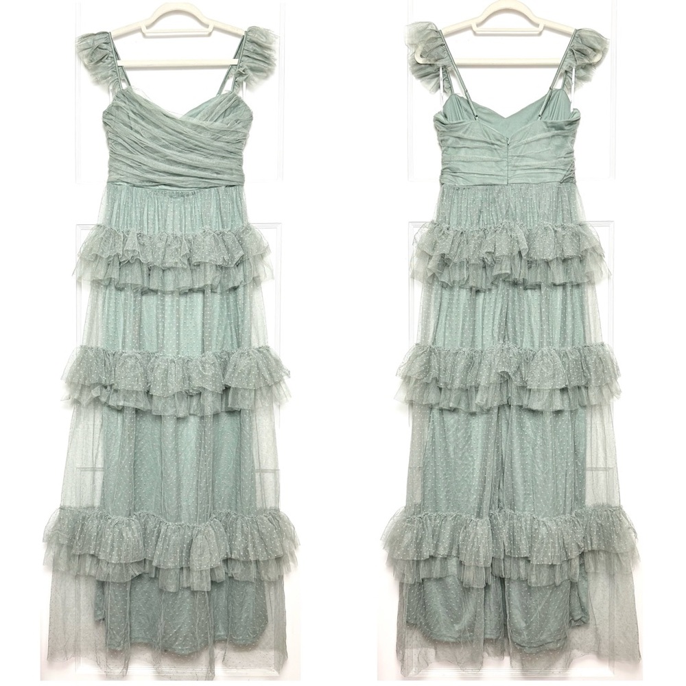 LULUS Swiss Dot Tulle Ruffle Tier Sweetheart Neck Sleeveless Cottagecore‎ Gown S - Picture 4 of 7